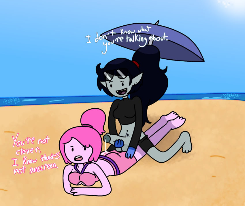 1futa 1girls adventure_time annoyed bathing_suit beach bonnibel_bubblegum bottomless dwonksa ear_piercing earrings fangs futa_only futanari gloves hair_tie imminent_sex laying_on_stomach lying_on_stomach marceline marceline_abadeer mostly_clothed outdoors pants_down playful prank precum precum_drip precum_on_ass princess_bubblegum sharp_teeth shorts_down sunglasses_on_head swimsuit tied_hair umbrella vampire