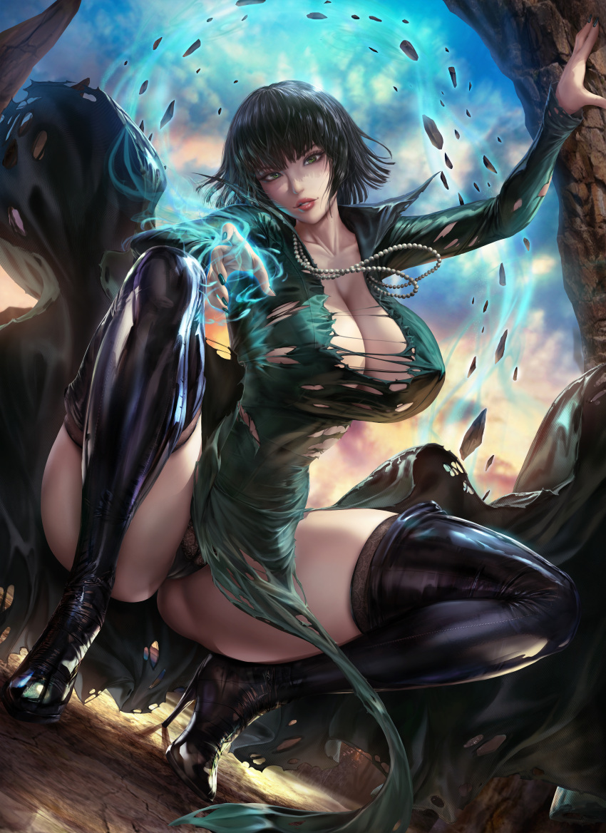 1girls absurd_res bent_over black_bra black_footwear black_hair blush boots bra breasts clavicle cleavage clothing curvaceous curvy_female enormous_breasts eyebrows_visible_through_hair female fingernails footwear fubuki_(one-punch_man) green_eyes groin hair_between_eyes hi_res huge_breasts jewelry knee_boots legwear lexaiduer light-skinned light-skinned_female lips looking_at_viewer massive_breasts medium_hair navel necklace oerba_yun_fang one-punch_man open_mouth panties parted_lips pink_lips ripped_clothing shiny_skin shoes squatting teeth thigh_boots thighhighs thighs torn_clothes torn_clothing underwear upper_teeth voluptuous