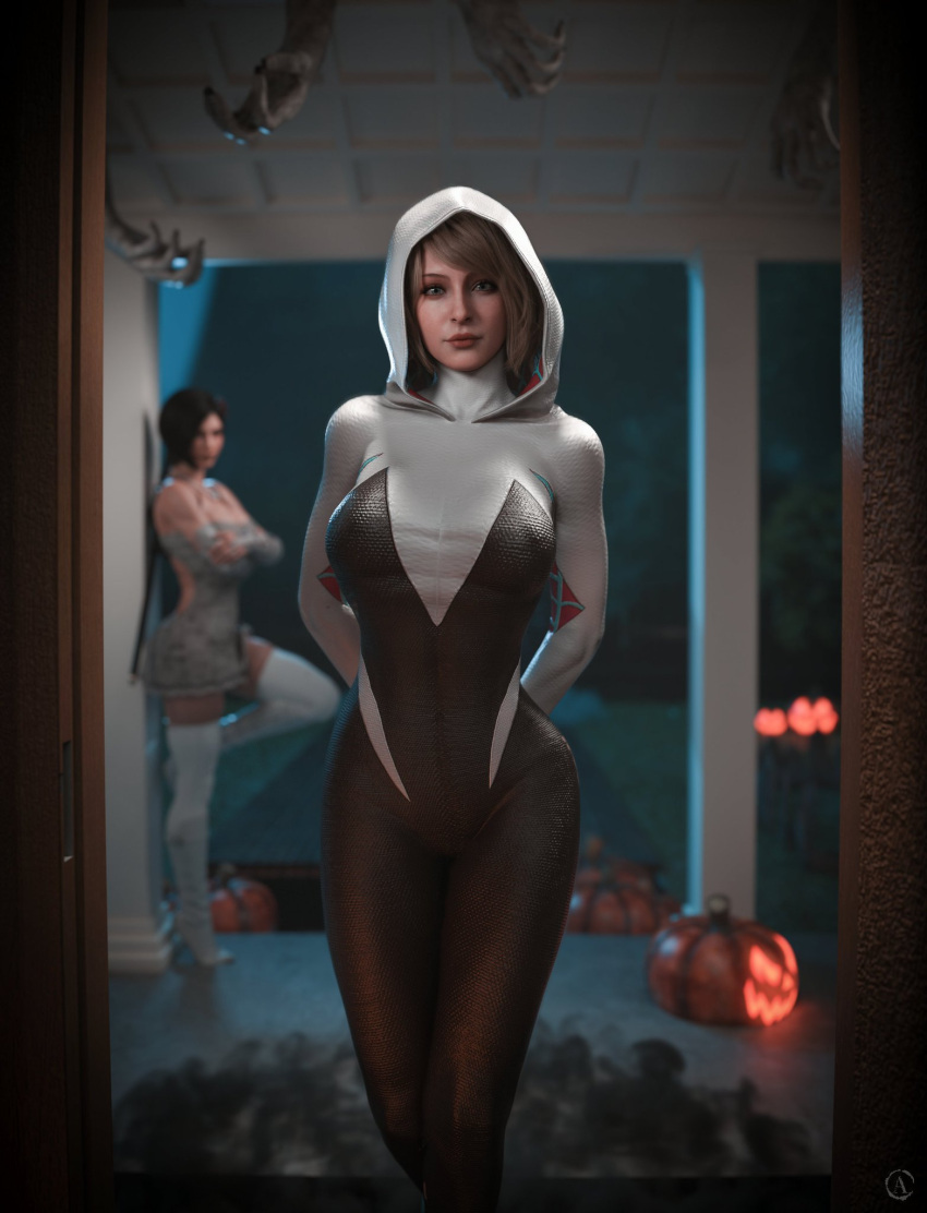 2girls 3d ada_wong alef3d alf3d ashley_graham ashley_graham_(ella_freya) asian asian_female background_character big_breasts breasts capcom costume crossover eyes female female_focus female_only front_view halloween halloween_costume hands_in_pockets hips hood hoodie hourglass_figure human human_only jack-o'-lantern legs light-skinned_female light_skin lips loitering marvel marvel_comics night pumpkin resident_evil resident_evil_2 resident_evil_2_remake resident_evil_4 resident_evil_4_remake solo_focus spider-gwen_(cosplay) spider-man_(series) standing video_game_character white_hoodie white_legwear white_stockings white_thighhighs