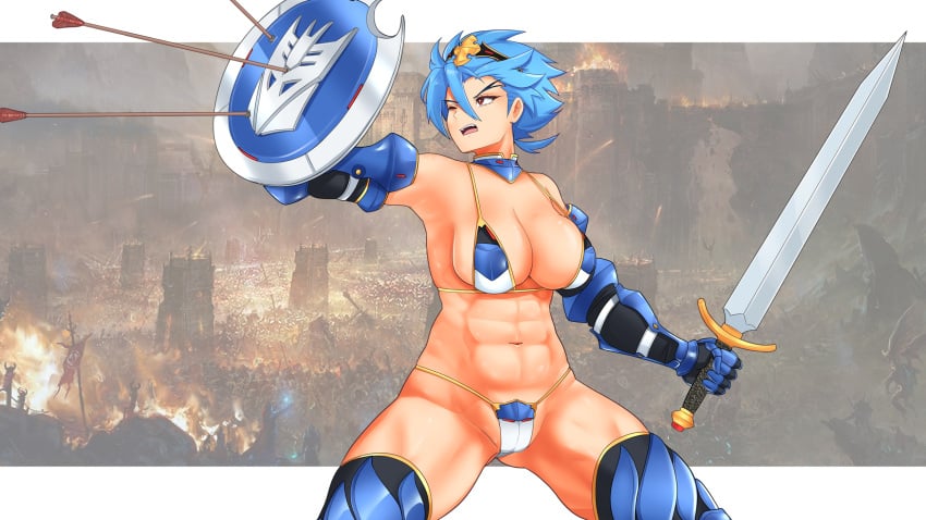 abs bikini_armor blue_bikini borrowed_design breasts commission dreadwing gauntlets humanformers large_breasts muscular_female rule_63 second-party_source shield stormzero sword thick_thighs thigh_boots transformers transformers_prime warrior