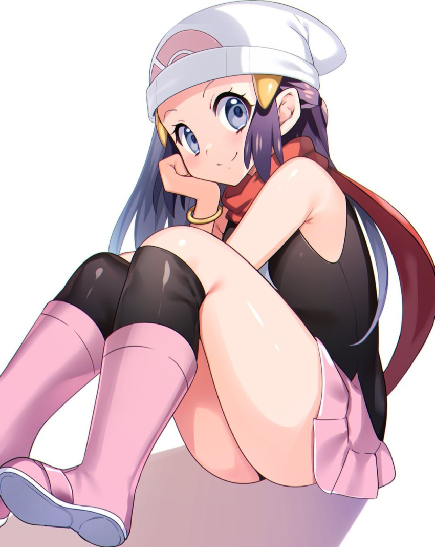 black_hair black_socks blue_eyes boots bracelet dawn_(pokemon) knee_socks kneehighs kneesocks pink_boots pink_skirt plain_background pokemon red_scarf scarf sitting skirt smiling socks socks_and_boots thighs upskirt white_beanie yuihico