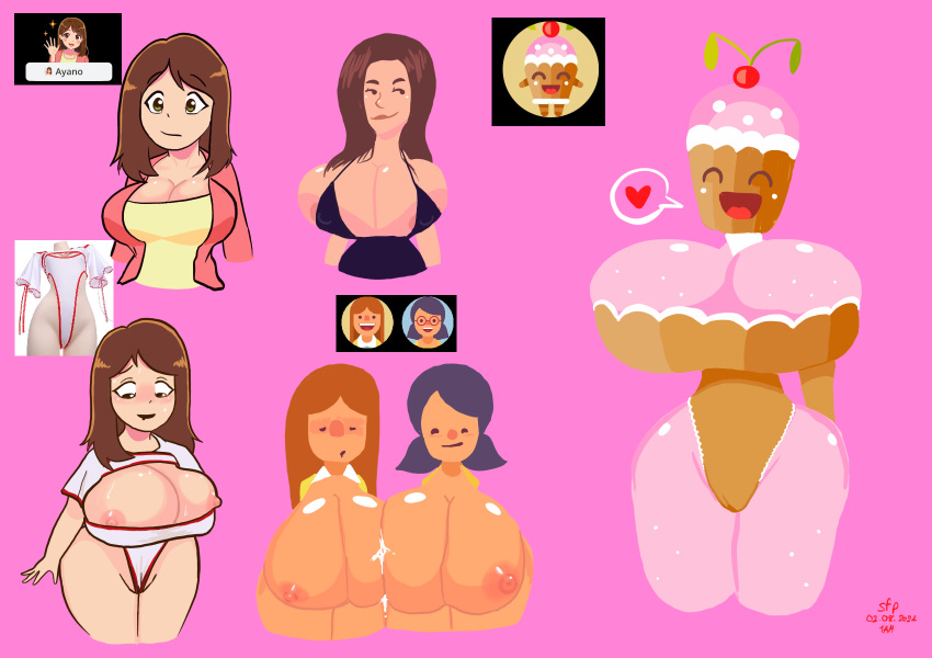 5girls avatar_profile big_ass big_breasts black_outfit breast_expansion breast_sucking breasts breasts_bigger_than_head breasts_out cupcake fair_skin girls huge_ass huge_breasts pink_body pink_nipples plato plato_(app) slickflipper white_shirt