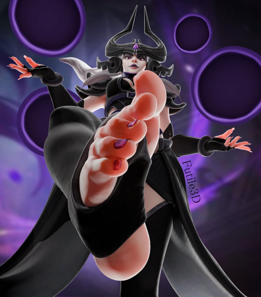 3d 3d_(artwork) barefoot black_hair clothed clothed_female clothing feet female_only femdom foot_fetish foot_focus foot_worship futile3d goth goth_girl gothic league_of_legends league_of_legends:_wild_rift looking_at_viewer looking_down mage pov pov_feet presenting_feet purple_eyes purple_nails purple_toenails soles sorceress stirrup_legwear syndra toeless_legwear toenail_polish toes toes_scrunch witch