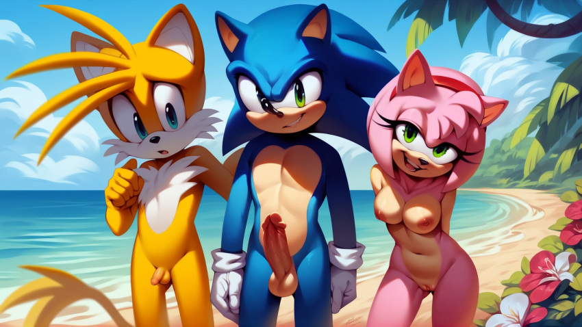 ai_generated amy_rose anthro beach blue_skin chest_tuft envious erect_penis furry large_penis lidded_eyes marusame multiple_boys nipples nude nude_female nude_male ocean outdoors penis pink_skin pony_diffusion_xl public public_nudity sega small_penis sonic_(series) sonic_the_hedgehog sonic_the_hedgehog_(series) stable_diffusion standing tails vulva yellow_skin