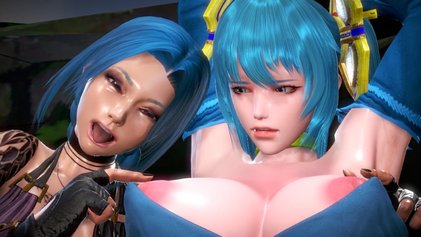 2021 2girls 3d_(artwork) areolae big_areola blue_hair breast_sucking_envy breasts green_eyes honey_select imminent_breast_sucking jinx_(league_of_legends) large_breasts league_of_legends multiple_girls naughty_face nipple_play nipples pink_eyes sona_buvelle tlz