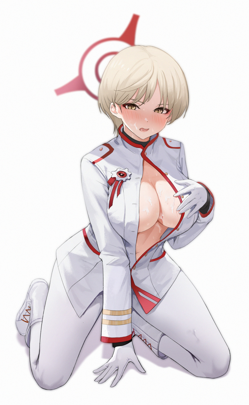 blonde_hair blue_archive blush breasts chabenmus cleavage cum cum_on_body cum_on_breasts female gloves halo highres jacket kneeling large_breasts marina_(blue_archive) military military_uniform no_bra pants red_winter_federal_academy_logo_(blue_archive) red_winter_federal_academy_student red_winter_office_(blue_archive) short_hair solo unbuttoned uniform very_short_hair white_gloves white_jacket white_pants yellow_eyes