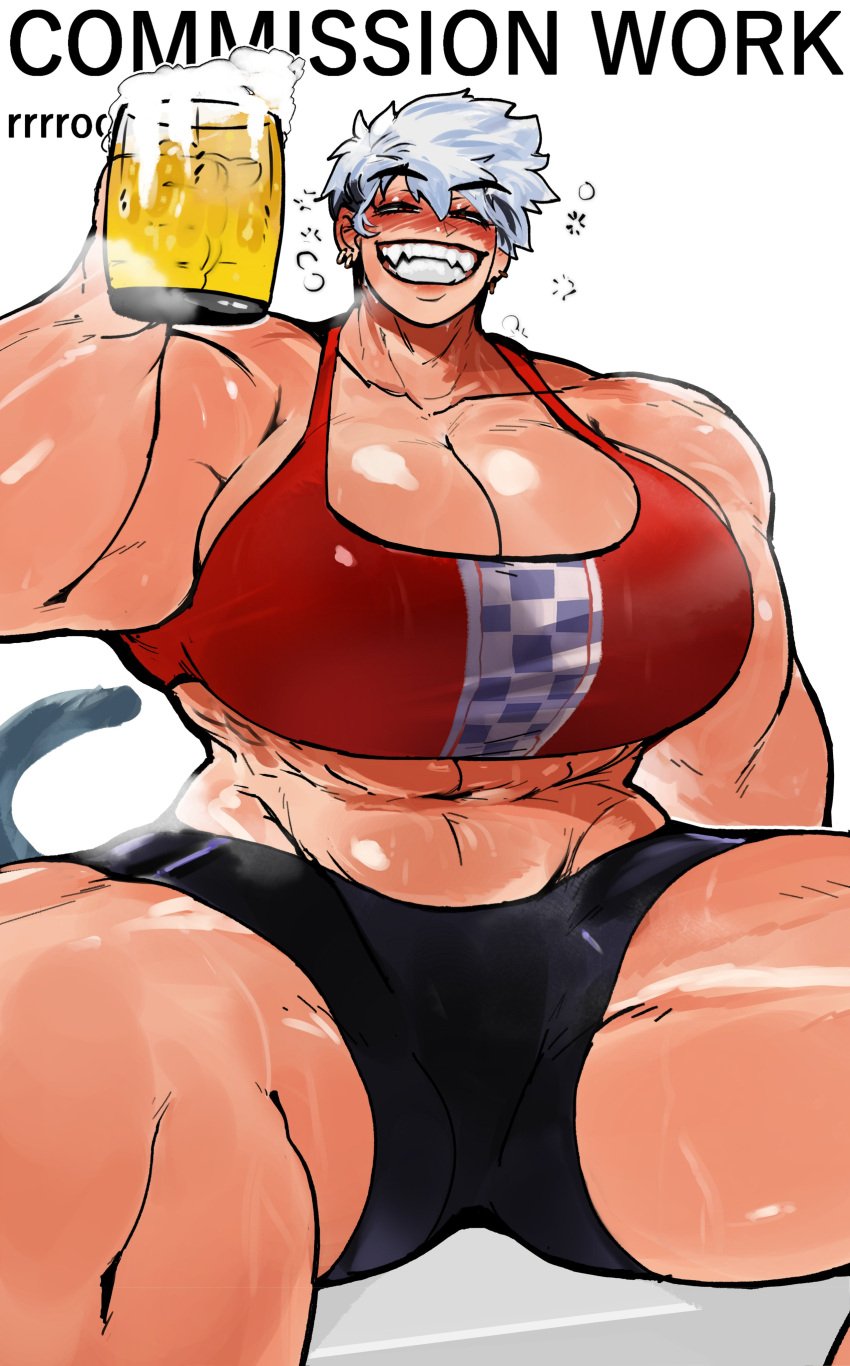 1girls abs absurd_res beer beer_foam beer_mug big_arms big_breasts blush bra breasts broad_shoulders cleavage drunk drunk_bubble ear_piercing earrings fangs female female_focus female_only grin grinning_at_viewer holding_mug huge_breasts looking_at_viewer massive_breasts mug muscular muscular_arms muscular_female pierced_ears red_eyes rrrroch1 shiny_skin short_hair shorts solo solo_female solo_focus spats sports_bra tail tomboy white_hair