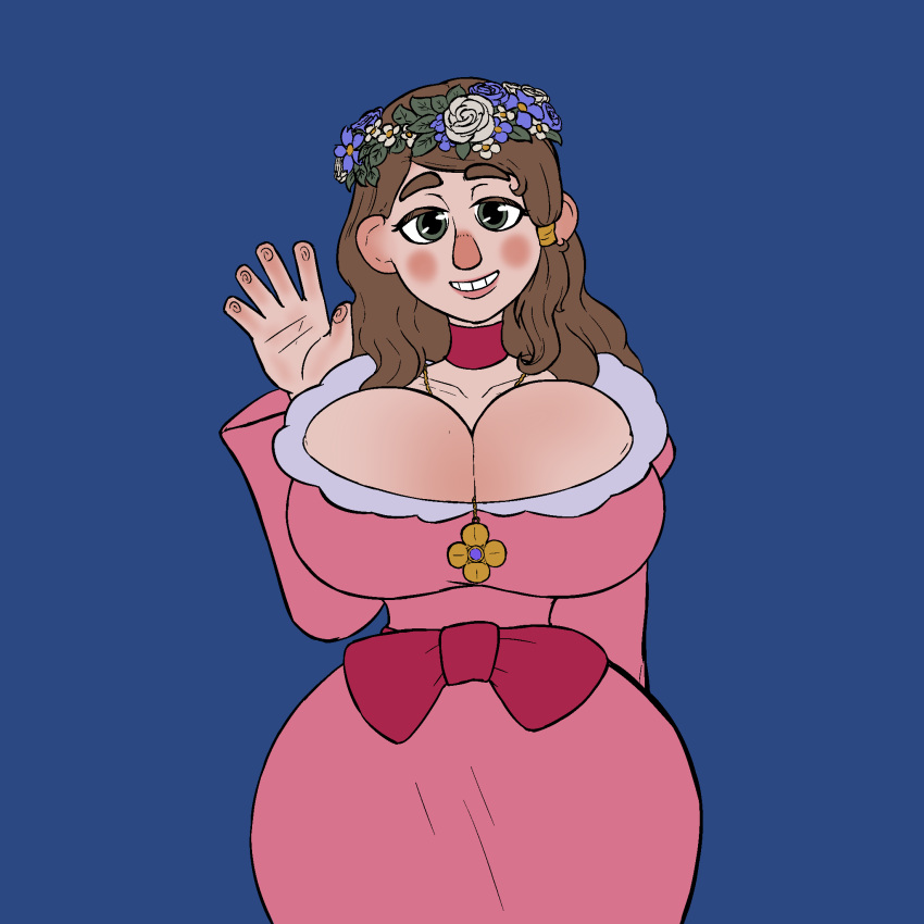 fabledom_(game) flower_crown flower_in_hair huge_breasts ivanpanced_(artist) necklace necklace_between_breasts pink_dress princess princess_agnes_(fabledom) red_nose smiling_at_viewer waving_at_viewer