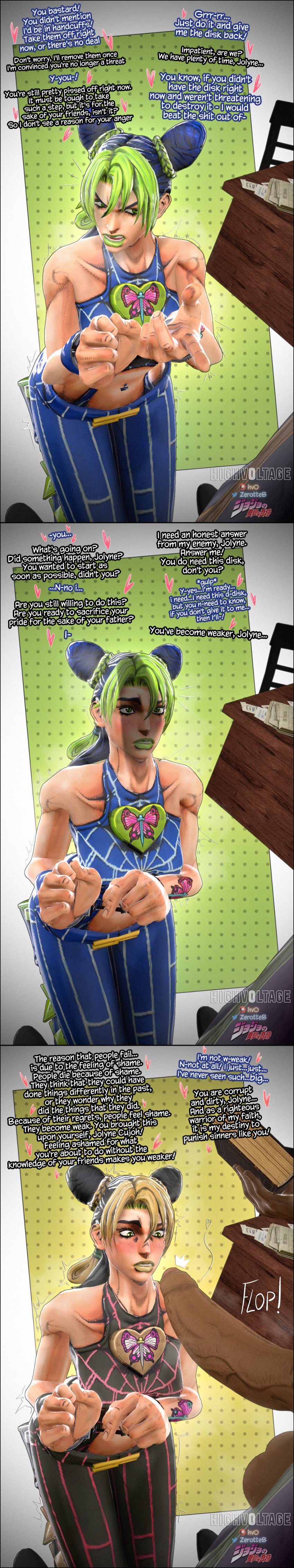 1boy 1girls 3d 3d_(artwork) angry angry_face big_balls blackmail blush clothing color_change dark-skinned_male english_text enrico_pucci fat_cock female foreskin green_eyes green_hair green_lipstick handcuffs highv0ltage huge_cock interracial jojo's_bizarre_adventure jolyne_kujo light-skinned_female lipstick male on_knees penis priest sfm shocked shocked_expression source_filmmaker steam steamy_breath stone_ocean story text veiny veiny_penis