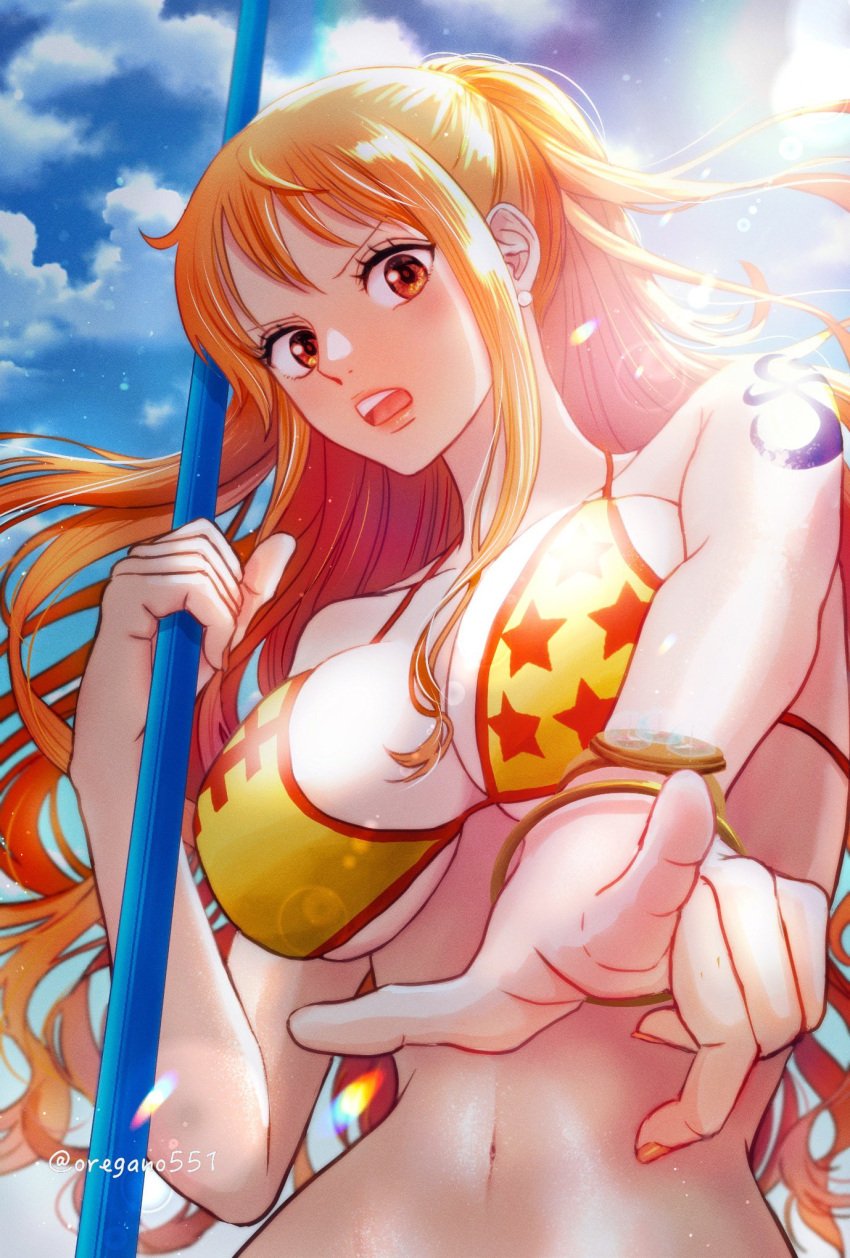 1girls belly_button big_breasts bikini bikini_top breasts brown_eyes busty clima-tact curvy female female_only long_hair looking_at_viewer midriff nami navel one_piece orange_hair oregano551 pointing ponytail post-timeskip punk_hazard shoulder_tattoo solo tattoo wide_hips