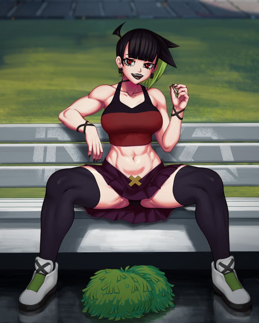 black_hair black_leggings black_lipstick black_nail_polish black_nails cheerleader cheerleader_uniform cigarette commissioner_upload female goth goth_girl green_hair necozuki pom_poms purple_skirt sandra_(thefocuswobbler) shoes sitting sitting_on_bench sports_bra thefocuswobbler x_eyes