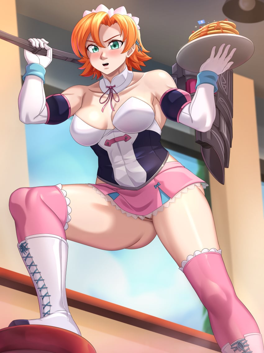 1girls aqua_eyes blush boots breasts commando diner female food hammer hocen light-skinned_female light_skin looking_at_viewer magnhild_(rwby) no_panties nora_valkyrie orange_hair pancake pinup pinup_pose plate pussy red_hair resturant rooster_teeth rwby short_hair solo solo_focus stool stool_(chair) strawberry syrup teal_eyes turquoise_eyes waitress waitress_outfit waitress_uniform weapon weapon_over_shoulder