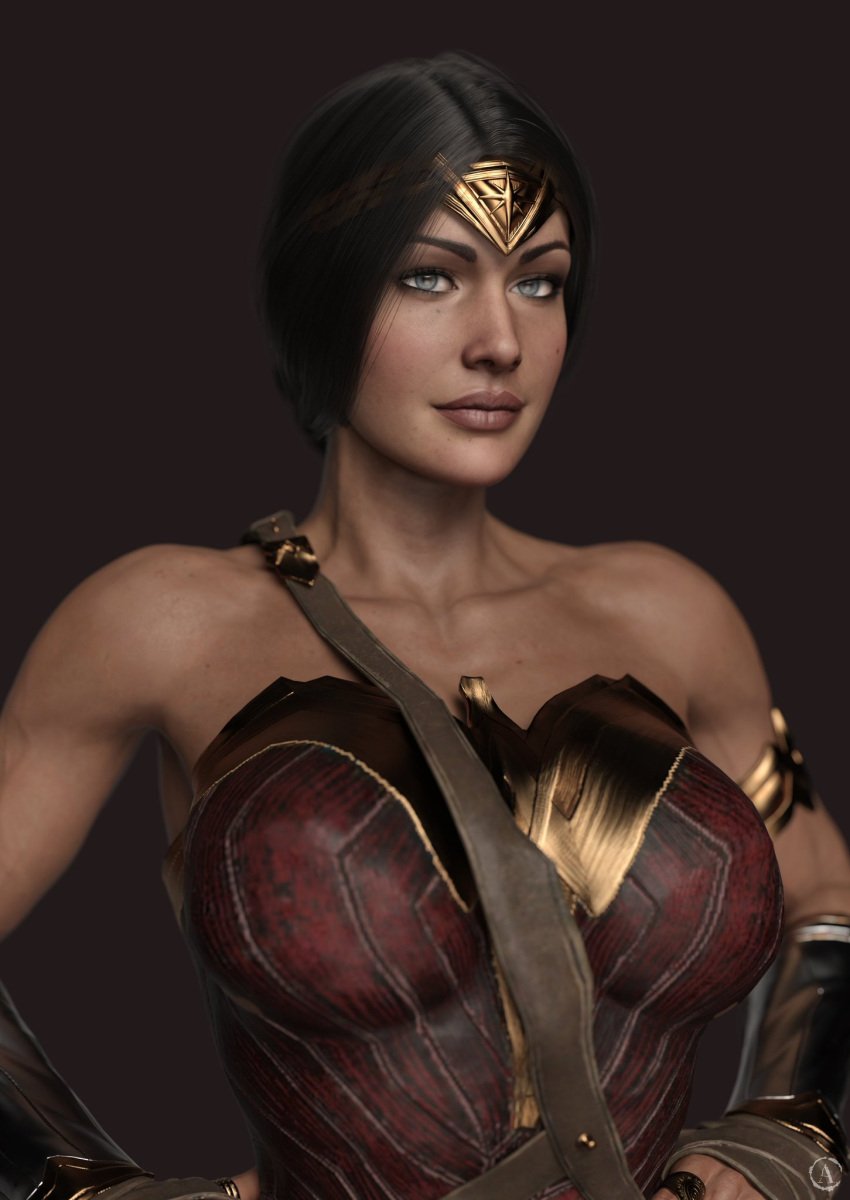 1girls 3d alf3d amazon big_breasts big_lips black_hair blue_eyes breasts bust chest cropped_torso dark_red_lipstick dc dc_comics demigod demigoddess diana_prince eyebrows eyelashes eyes female front_view grey_eyes hands_on_hips headwear heroine huge_breasts human justice_league large_breasts legs light-skinned_female light_skin lips long_hair mole_(marking) mole_under_eye princess solo streaked_hair superheroine themysciran tiara upper_body vambraces wonder_woman wonder_woman_(series)