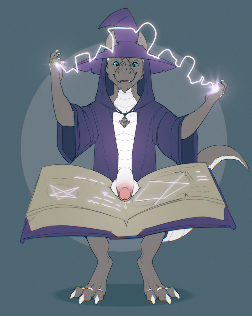 amit amulet anthro balls blue_eyes book casting_spell claws clothing digitigrade electricity foreskin genitals grey_body hat headgear headwear hi_res hood horn humanoid_genitalia humanoid_penis kardukk kobold lightning magic magic_user male multicolored_body open_book partially_retracted_foreskin penis pentagram robe scales sharp_teeth solo tail teeth two_tone_body white_body white_scales wizard_hat