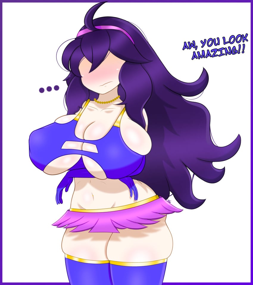 ... 4k arms_under_breasts armwear ballora ballora_(cosplay) ballora_(fnafsl) breast_squeeze breasts breasts_bigger_than_head cosplay crossover embarrassed five_nights_at_freddy's gothtrishy hex_maniac hi_res highres huge_breasts long_hair messy_hair necklace nervous nervous_face no_eyes outfit_swap pokemon purple_border purple_hair shy skirt solo text thick_thighs thighhighs thighs tight_clothing tight_fit