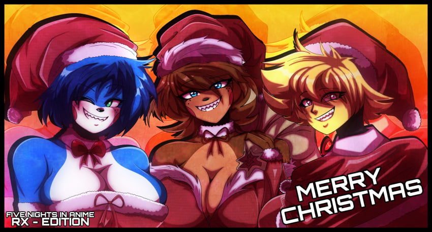 3girls chica_(fnaf) christmas elronnyx five_nights_at_freddy's five_nights_in_anime freddy_(fnaf) multiple_girls rule_63 toy_bonnie_(fnaf)