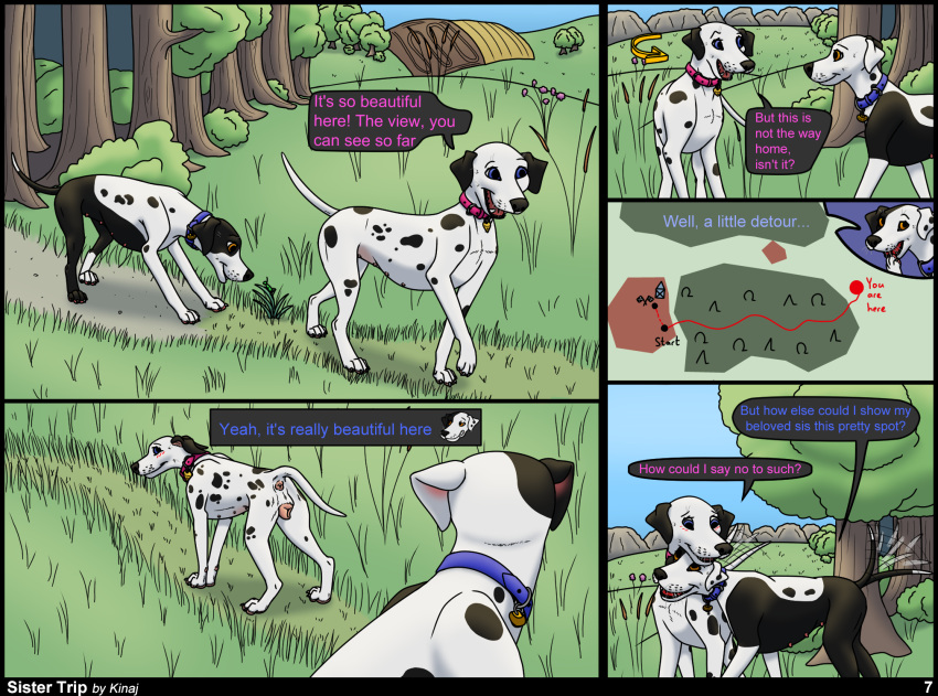 animal_genitalia animal_pussy anus arthropod bird_dog blush canid canine canine_genitalia canine_pussy canis collar comic comic_page cuddling dalmatian distance_(tag) domestic_dog duo english_text female feral flirting forest genitals grass grasshopper hi_res hill hunting_dog insects jess_(kinaj) kinaj labrador mammal map mixed_breed mountain multi_nipple nipples orthopterid page_7 page_number path plant pussy retriever sibling_(lore) sister_(lore) sisters_(lore) tag tail tail_motion tailwag tamara_(kinaj) text tree