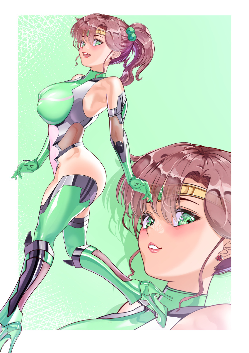 absurdres arion_canvas armpits bishoujo_senshi_sailor_moon bodysuit breasts brown_hair circlet clothing earrings elbow_gloves female flower_earrings gem gloves green_eyes green_gemstone hair_bobbles hair_ornament high_collar high_heel_boots high_heels highres jewelry large_breasts lips makoto_kino medium_breasts medium_hair open_mouth ponytail revision sailor_jupiter short_hair sidelocks skin_tight smile solo stockings taimanin_(series) taimanin_suit thick_thighs thighhighs thighs