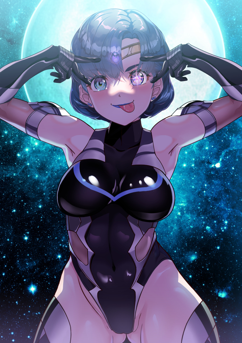 absurdres ami_mizuno arion_canvas ass_visible_through_thighs bishoujo_senshi_sailor_moon blue_eyes blue_gemstone blue_hair blue_lips blue_moon breasts cameltoe circlet closed_mouth clothing corruption dark_persona earrings elbow_gloves female gem gloves heterochromia highres hoshino_ai's_pose huge_moon jewelry latex latex_gloves leotard medium_breasts moon purple_eyes purple_gemstone sailor_mercury short_hair sky small_breasts star-shaped_pupils star_(sky) star_(symbol) starry_sky stud_earrings swept_bangs symbol-shaped_pupils taimanin_(series) taimanin_suit thick_thighs thighhighs thighs tongue tongue_out