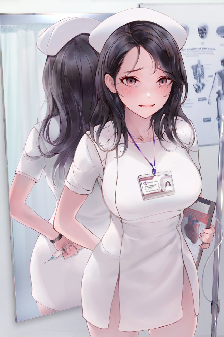 1girls black_hair bracelet breasts chowbie clipboard holding_clipboard holding_syringe id_card lanyard large_breasts long_hair looking_at_viewer mirror mirror_reflection name_tag nurse nurse_cap nurse_uniform original purple_eyes syringe