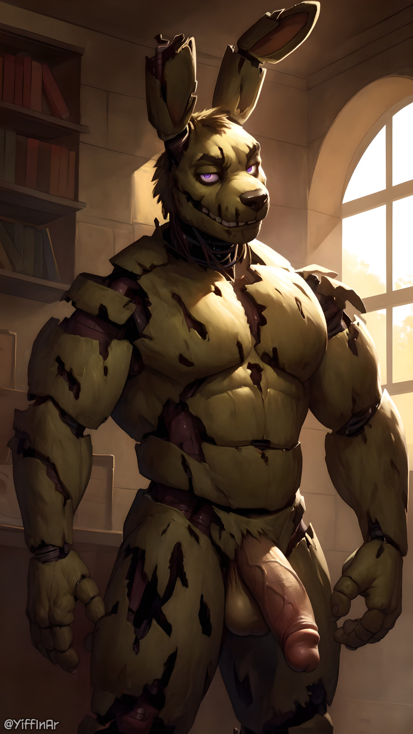 1boy ai_generated anthro balls erection five_nights_at_freddy's fnaf humanoid looking_at_viewer male male_only nude penis rabbit solo solo_focus springtrap springtrap_(fnaf)