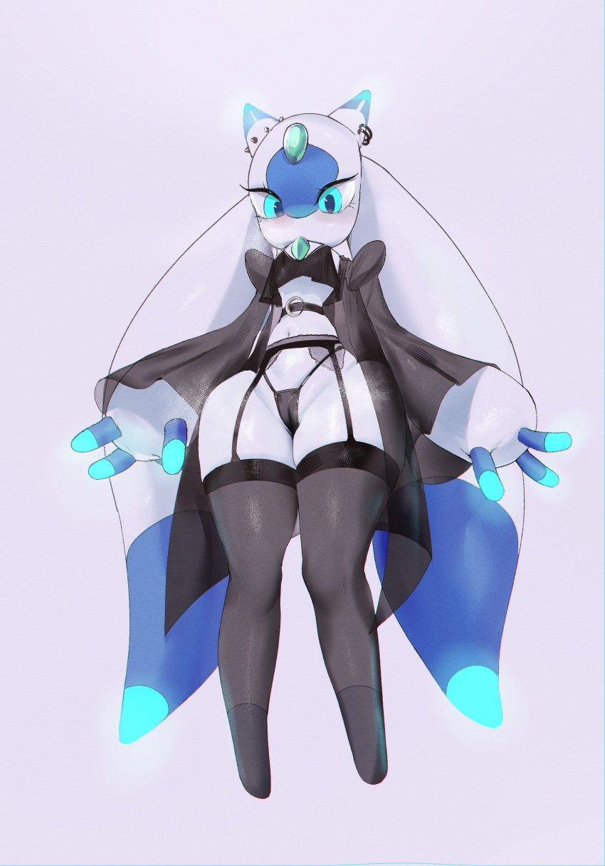 1girls 2d alien alien_girl anthro barely_clothed belly_button blue_eyes blush bottom_heavy cameltoe chest_jewel chromatic_aberration dare_darewi female female_focus female_only garter_belt highres horns hourglass_figure humanoid lingerie long_eyelashes looking_at_viewer looking_down lunaris_(pal) pal_(species) palworld piercing pussy robot robot_girl solo solo_female solo_focus thick_thighs thighhighs white_background white_body