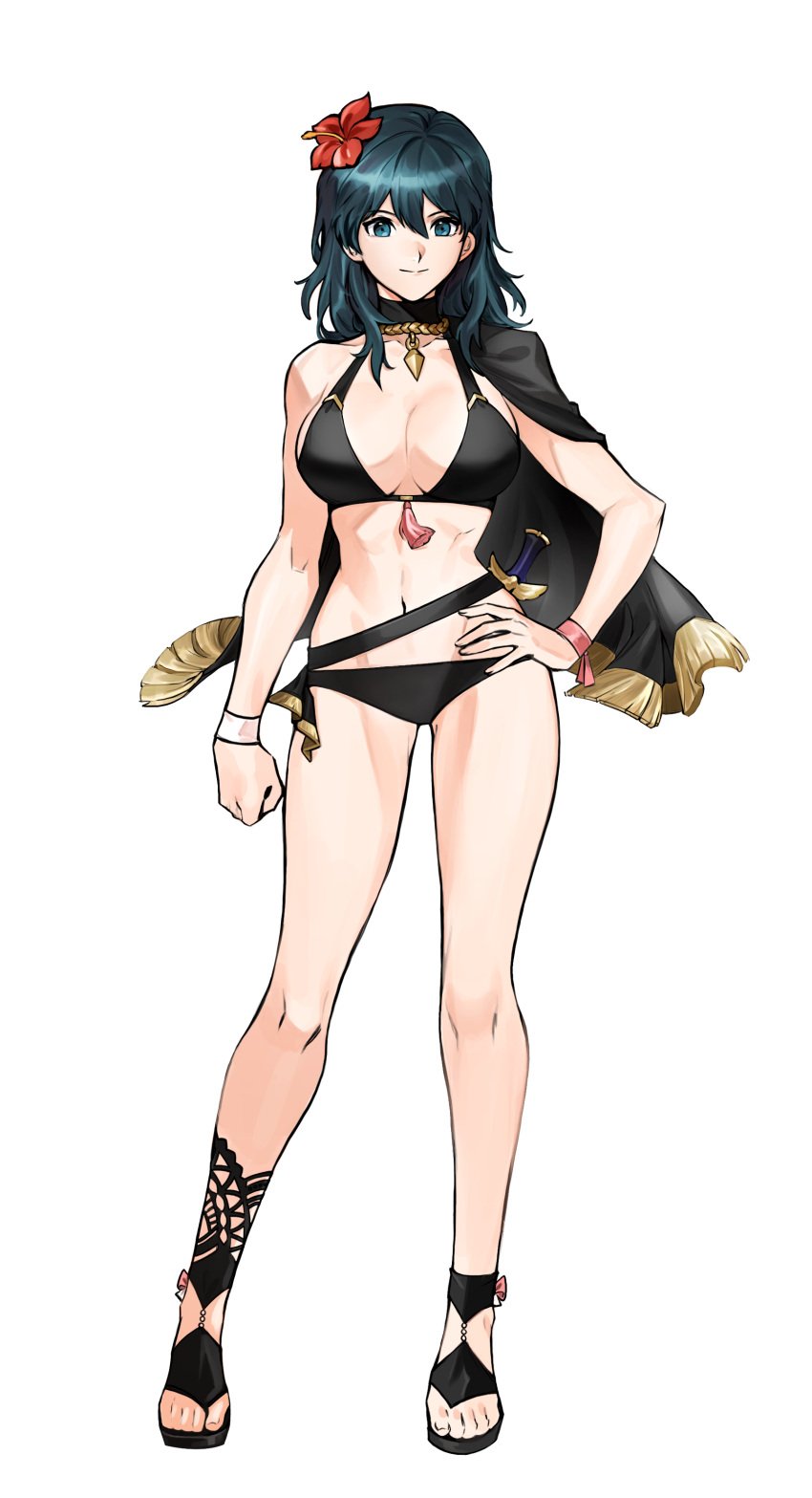 1girls absurdres alternate_costume bangs bare_arms bare_legs bare_shoulders belt bikini black_belt black_bikini black_cape black_footwear black_swimsuit blue_eyes blue_hair breasts byleth_(fire_emblem) byleth_(fire_emblem)_(female) byleth_(summer)_(fire_emblem)_(female) cape clenched_hand commentary_request commission female female_only fire_emblem fire_emblem:_three_houses fire_emblem_heroes flower full_body hair_between_eyes hair_flower hair_ornament hand_on_hip hibiscus highres large_breasts long_hair looking_at_viewer navel nintendo official_alternate_costume pixiv_request red_flower sandals silvercandy_gum smile solo standing stomach summer swimsuit thighs transparent_background wristband