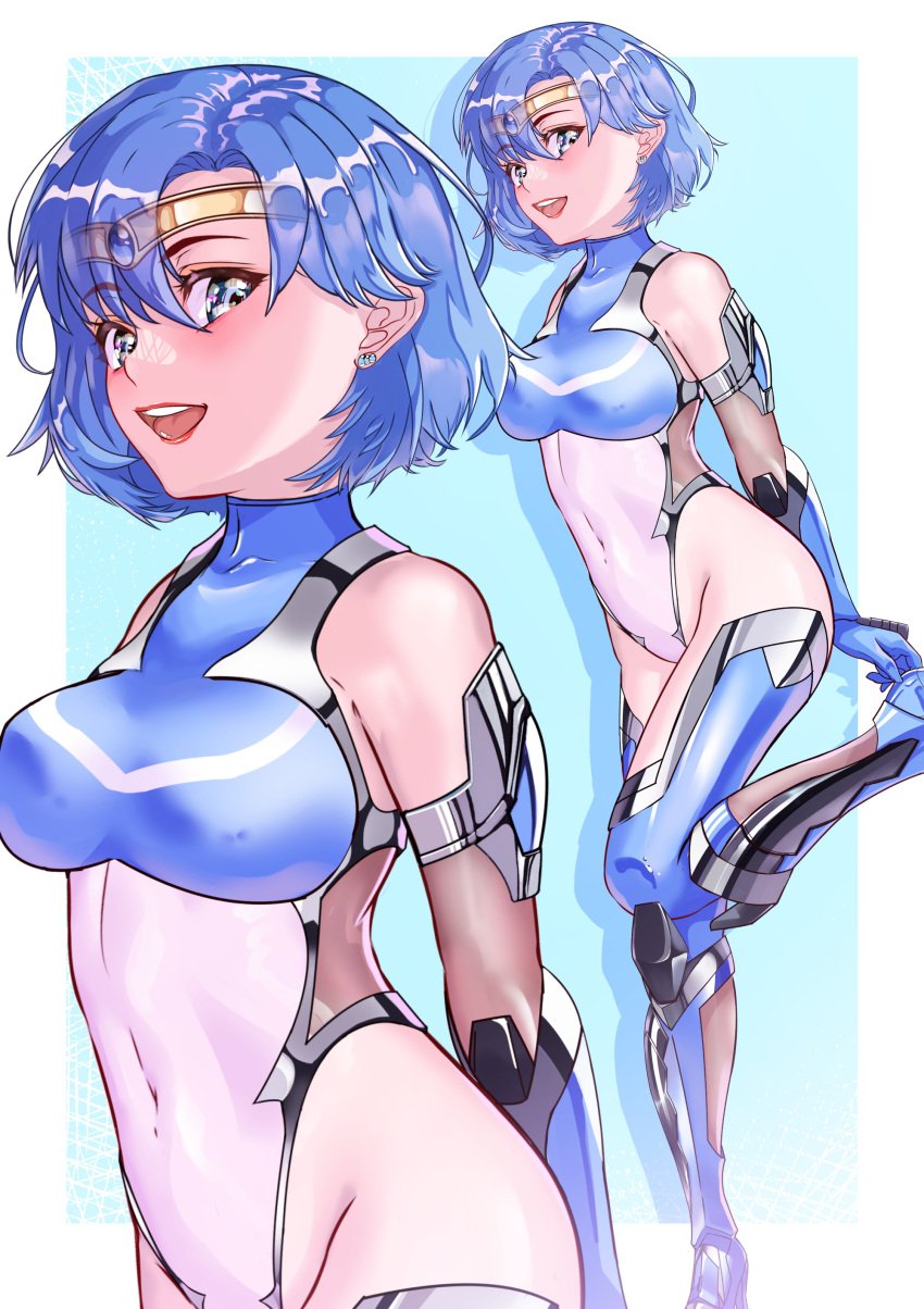 absurdres ami_mizuno arion_canvas armpit_crease bishoujo_senshi_sailor_moon blue_eyes blue_gemstone blue_hair breasts circlet clothing covered_navel covered_nipples earrings female gem highres jewelry medium_breasts sailor_mercury short_hair smile solo stockings stud_earrings swept_bangs taimanin_(series) taimanin_suit zoom_layer