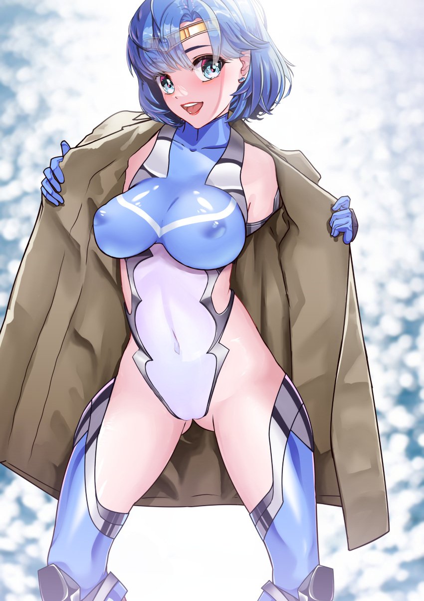 absurdres ami_mizuno arion_canvas ass_visible_through_thighs bare_shoulders bishoujo_senshi_sailor_moon blue_eyes blue_gemstone blue_hair bodysuit breasts brooch clothing coat covered_navel covered_nipples earrings elbow_gloves female gem gloves highres impossible_clothes jewelry large_breasts leotard lips medium_breasts open_clothes open_coat open_mouth public public_indecency sailor_mercury short_hair skin_tight smile solo stockings stud_earrings swept_bangs taimanin_(series) taimanin_suit thighhighs