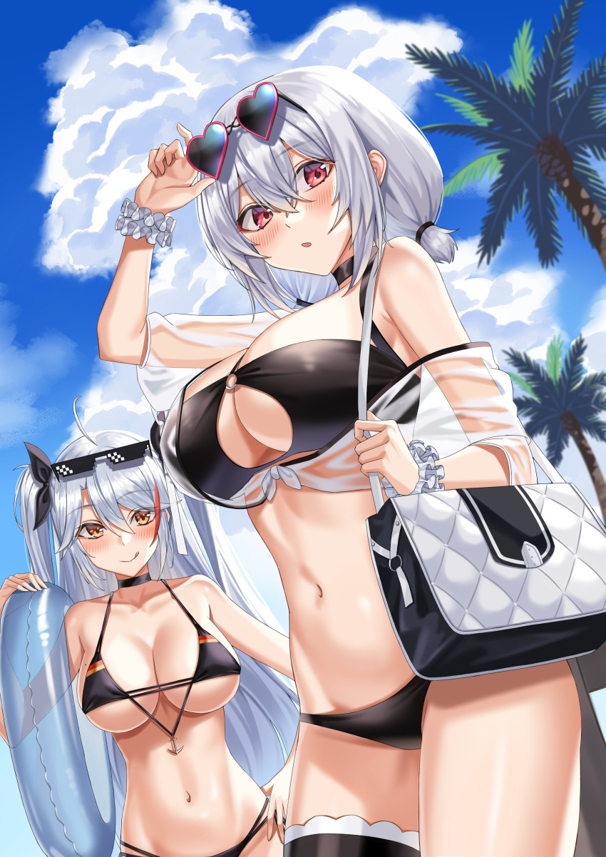 2girls :q absurdres ahoge azur_lane bag bangs bikini black_bikini black_choker black_ribbon blush breasts brown_hair choker cleavage cloud collarbone day eyebrows_visible_through_hair eyewear_on_head flag_print german_flag_bikini hair_between_eyes hair_ribbon hand_on_hip heart heart-shaped_eyewear highres iron_blood_(azur_lane) large_breasts light-skinned_female light_skin long_hair looking_at_viewer multicolored_hair multiple_girls navel o-ring o-ring_top open_mouth outdoors prinz_eugen_(azur_lane) prinz_eugen_(unfading_smile)_(azur_lane) red_eyes red_hair ribbon royal_navy_(azur_lane) scrunchie see-through shocho short_hair short_twintails shoulder_bag silver_hair sirius_(azur_lane) sirius_(scorching-hot_seirios)_(azur_lane) sky standing streaked_hair sunglasses swept_bangs swimsuit thigh_strap tongue tongue_out twintails two_side_up very_long_hair white_scrunchie wrist_scrunchie