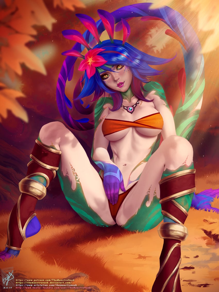 bandeau bare_shoulders between_legs blue_hair breasts brown_sclera collarbone colored_sclera colored_skin feet female female_masturbation flower green_skin hair_flower hair_ornament hand_between_legs highres jewelry knees_up large_breasts league_of_legends legs_apart lizard_tail masturbation medium_hair navel necklace neeko orange_bandeau orange_panties panties pink_flower pink_lips red_hair reptile_girl riot_games sitting slit_pupils smile solo stomach tail teeth themaestronoob tree underwear web_address yellow_eyes