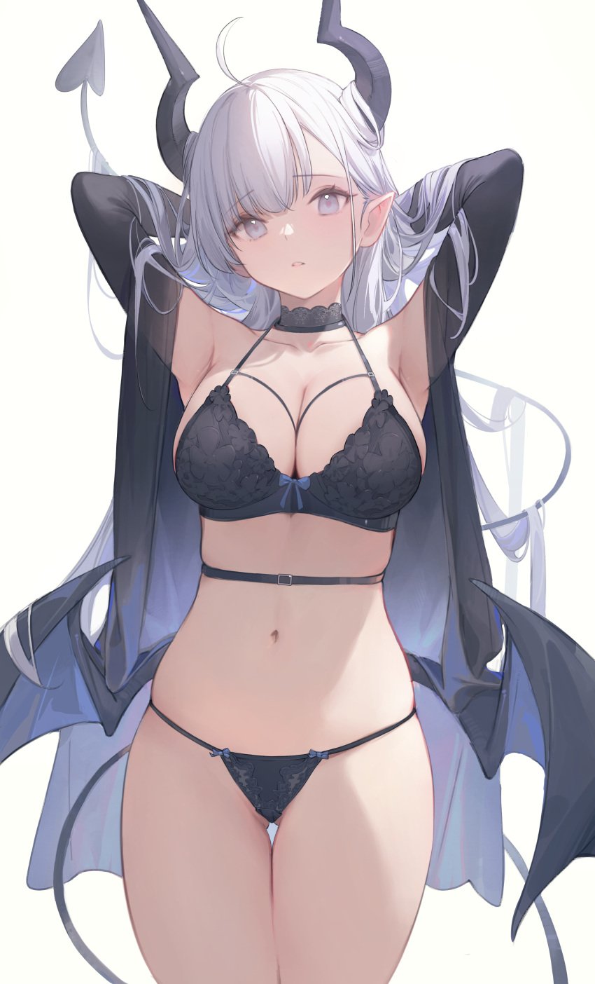 absurdres armpits arms_up bat_wings black_panties breasts choker cleavage collar demon demon_girl demon_horns demon_tail demon_wings female gluteal_fold grey_eyes highres horns large_breasts lingerie long_hair looking_at_viewer navel nekojira original panties pointy_ears solo succubus tail thea_(nekojira) underwear very_long_hair white_hair wings