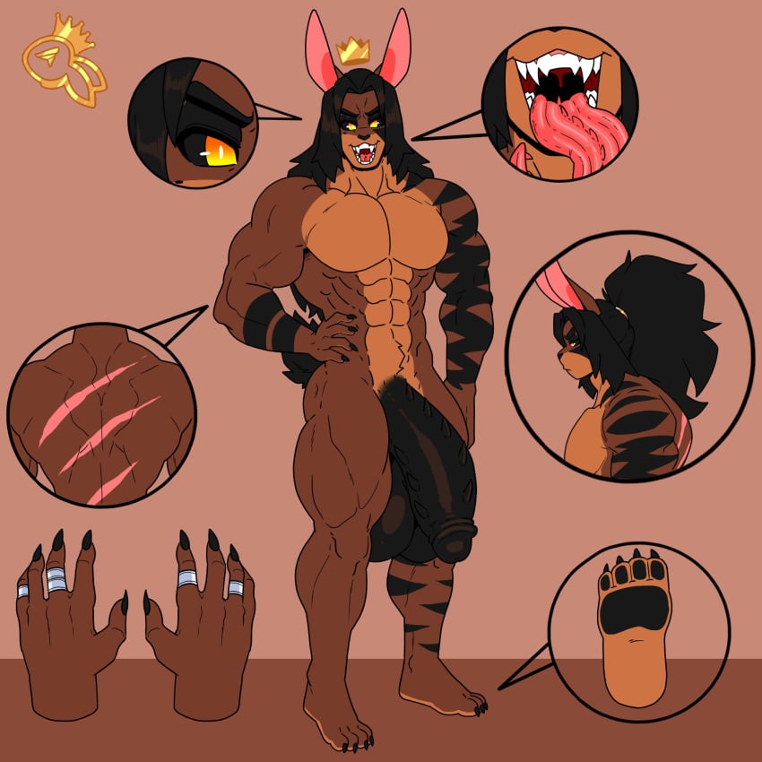 abs anthro arm_markings balls big_balls big_penis black_claws black_hair black_pawpads black_sclera brown_balls brown_body brown_fur brown_penis clawed_fingers claws colored crown darkened_balls darkened_genitalia darkened_penis duncan_(zeromccall) fur fur_markings genitals hair hand_on_hip headgear hi_res huge_balls huge_cock lagomorph leporid logo long_hair looking_at_viewer male mammal markings model_sheet muscular muscular_male nude nude_male orange_eyes pawpads pecs penile_spines penis rabbit ring sharp_teeth solo standing stripes teeth toe_claws zeromccall