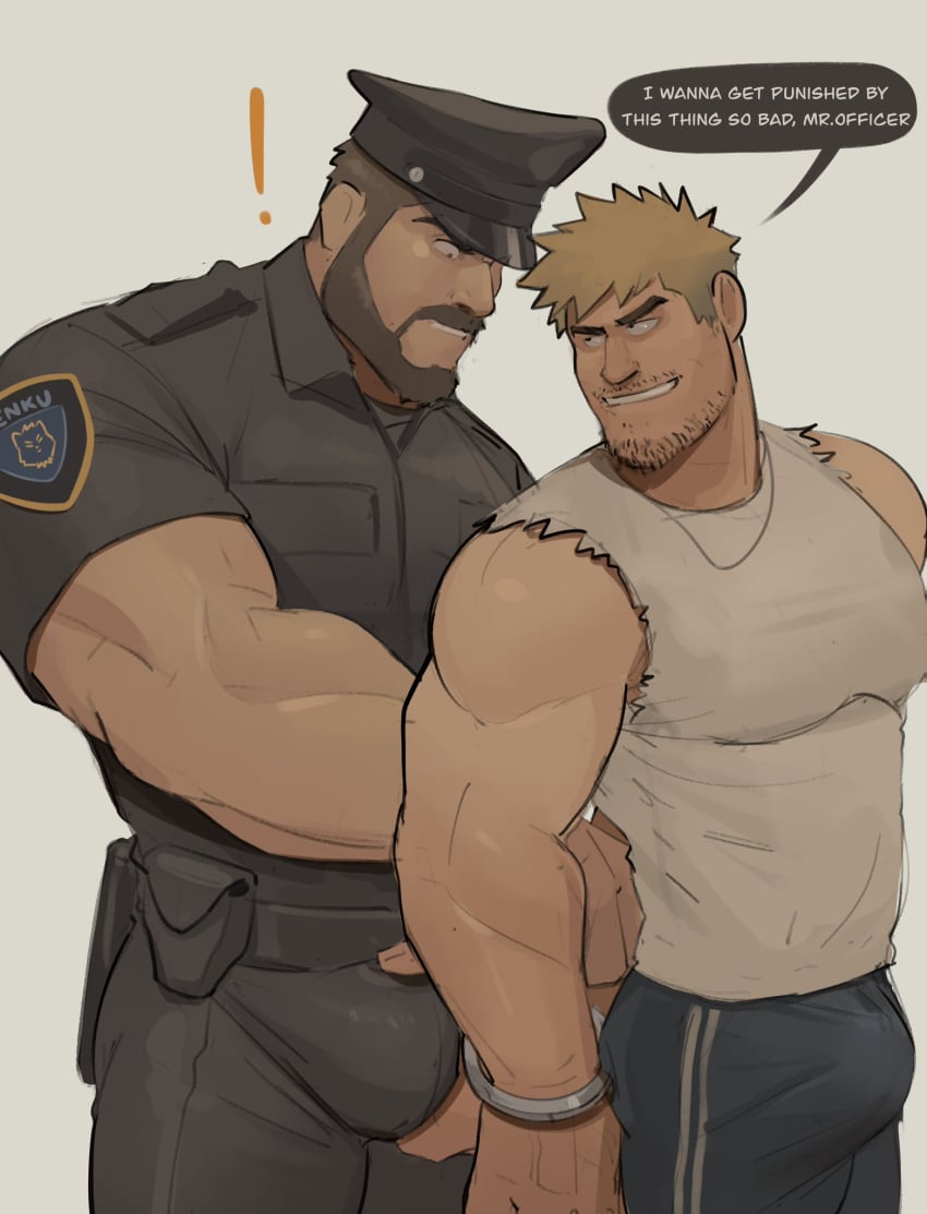 bara beard bulge bulge_grab clothing crotch_grab facial_hair fully_clothed gay grabbing_bulge handcuffs kenkudog male male_only muscles muscular police police_uniform