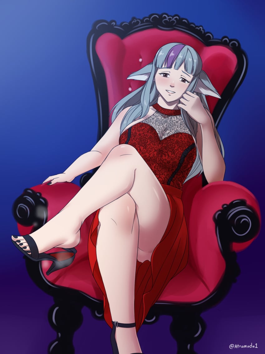 1girls absurdres alternate_costume animal_ears ass atramada1 bangs bare_arms bare_legs big_ass black_nails breasts brown_eyes chair cleavage commission crossed_legs dress feet female female_only fire_emblem fire_emblem_fates foot_fetish grey_hair high_heels highres large_breasts long_hair looking_at_viewer monster_girl multicolored_hair nail_polish nintendo open_toe_shoes panties pantyshot pantyshot_(sitting) purple_hair red_panties see-through shoe_dangle sideboob sitting smile solo steam steamy_feet thighs throne toenail_polish toenails toes two-tone_dress two-tone_hair upskirt velouria_(fire_emblem) wolf_ears wolf_girl