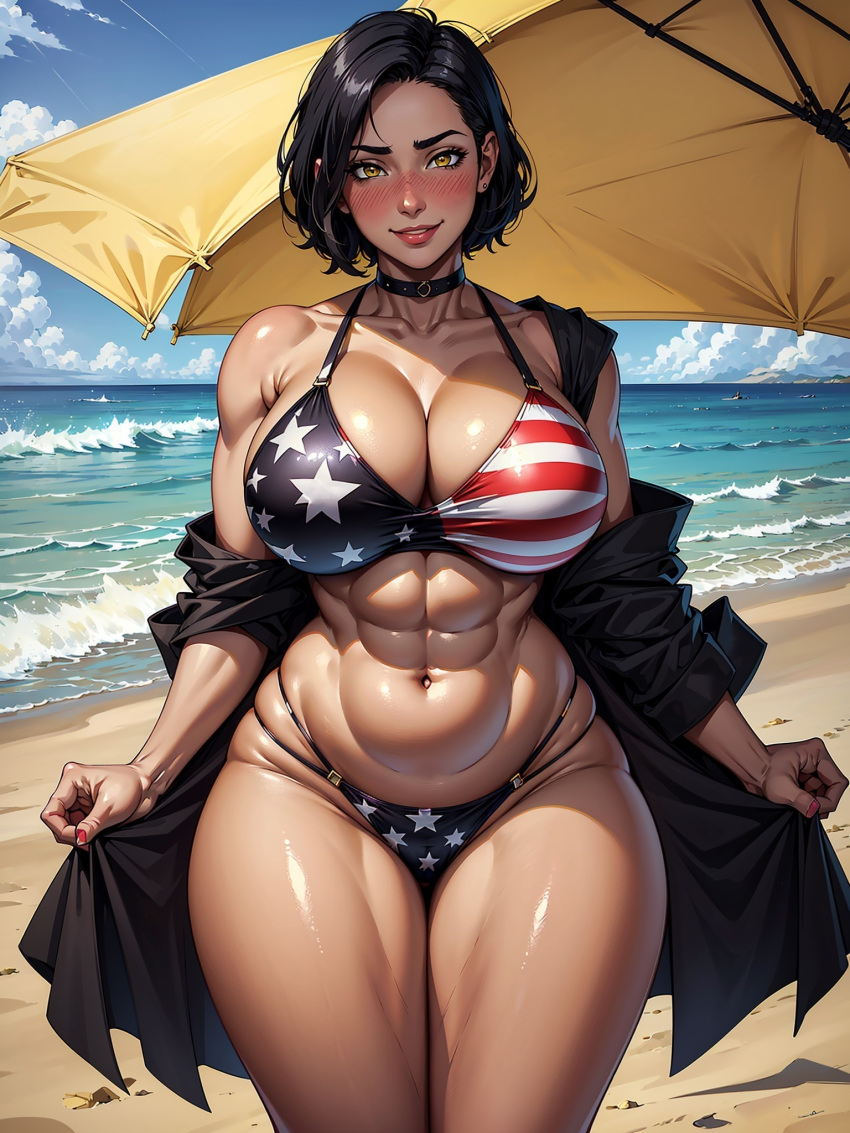 1girls 2024 abs ai_generated american_flag_bikini armpits beach big_breasts bikini black_hair blush blush_lines blushing_at_viewer breasts choker cleavage cloud collarbone dark_skin dark_skinned_female day exposed_thighs eyebrows eyelashes female female_only gigantic_breasts high_resolution highres hips hourglass_figure huge_breasts large_breasts looking_at_viewer midriff muscular muscular_female navel original original_character parted_lips sea self_upload short_hair sky smile smiling smiling_at_viewer solo stable_diffusion standing sun sunny teeth teeth_showing thighs toned toned_body toned_female towel umbrella voluptuous voluptuous_female water wave waves yellow_eyes yodayo