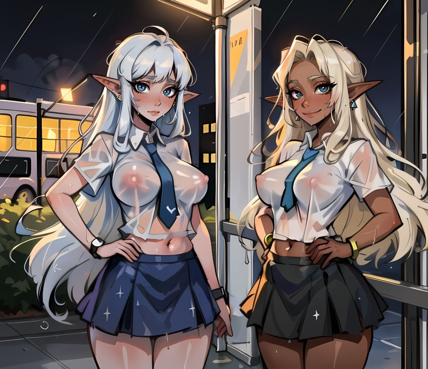 2girls ai_coomer ai_generated ai_hands armband blonde_hair blue_eyes blush bracelet breasts bus_stop busty closed_mouth confident covered_nipples cowboy_shot dark-skinned_female dark_elf dark_skin ear_piercing earrings elf elf_ears embarrassed erect_nipples evening female female_only hand_on_hip hands_on_hips jewelry large_breasts light-skinned_female light_skin long_hair looking_at_viewer medium_breasts navel necktie necktie_between_breasts night nipples no_bra outdoors outside piercing pointy_ears rain raining school_uniform see-through see-through_shirt self_upload shirt silver_hair skirt sky smile stable_diffusion standing tan_skin tanned watch wet wet_clothes wet_shirt wristband wristwatch