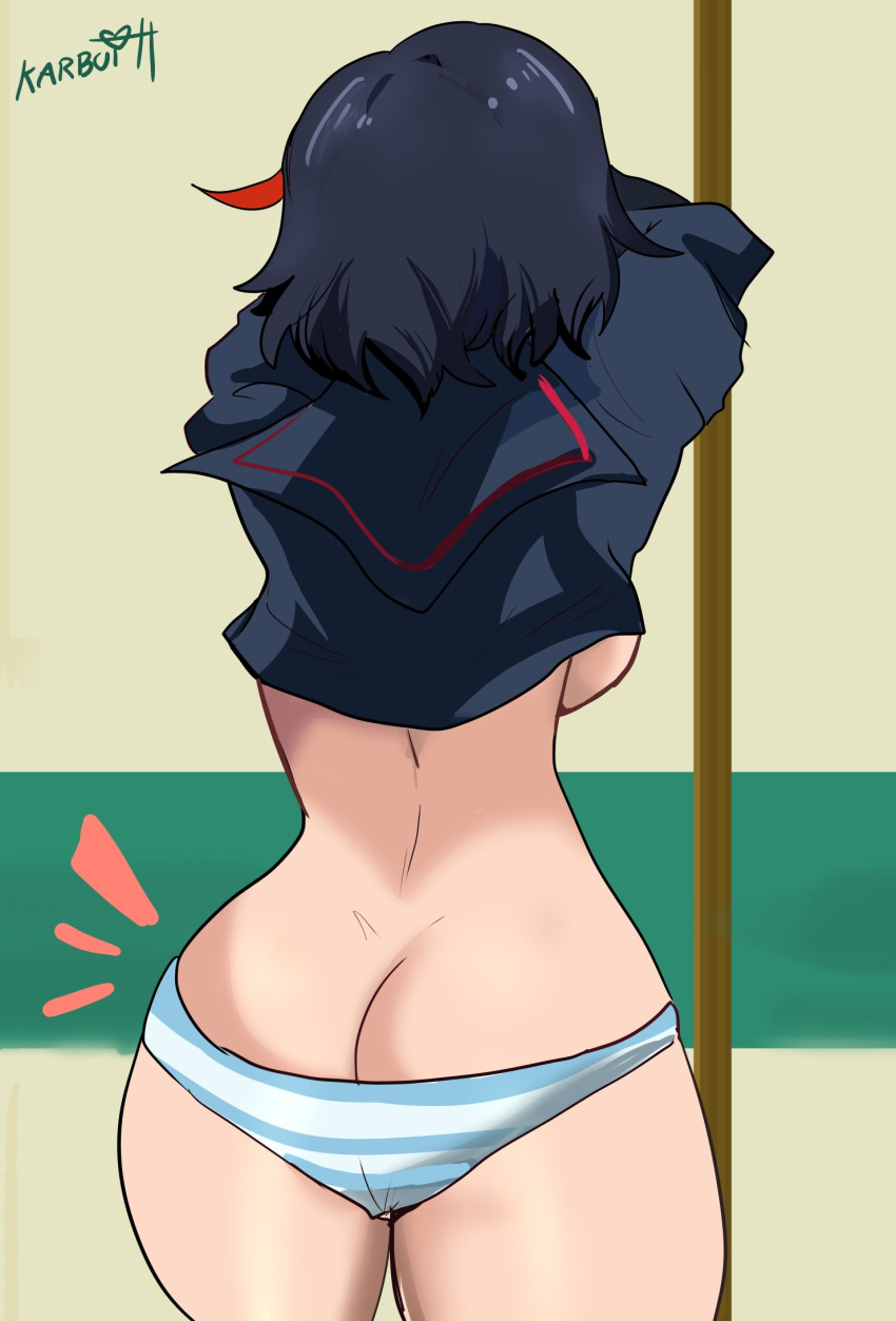 1girls alternate_version_available ass ass_cleavage ass_focus back_view backboob big_ass big_butt black_hair blue_and_white_striped_panties bubble_ass bubble_butt butt_crack butt_focus canon_panties female female_only karbuitt kill_la_kill matoi_ryuuko meme panties red_hair red_highlights redraw removing_clothing removing_shirt ryukoredraw shimapan short_hair small_breasts solo thick_ass unaware underwear undressing