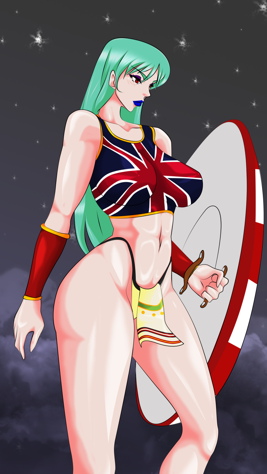 breasts england flag_bikini green_hair lipstick red_eyes shield supernova_(artist)