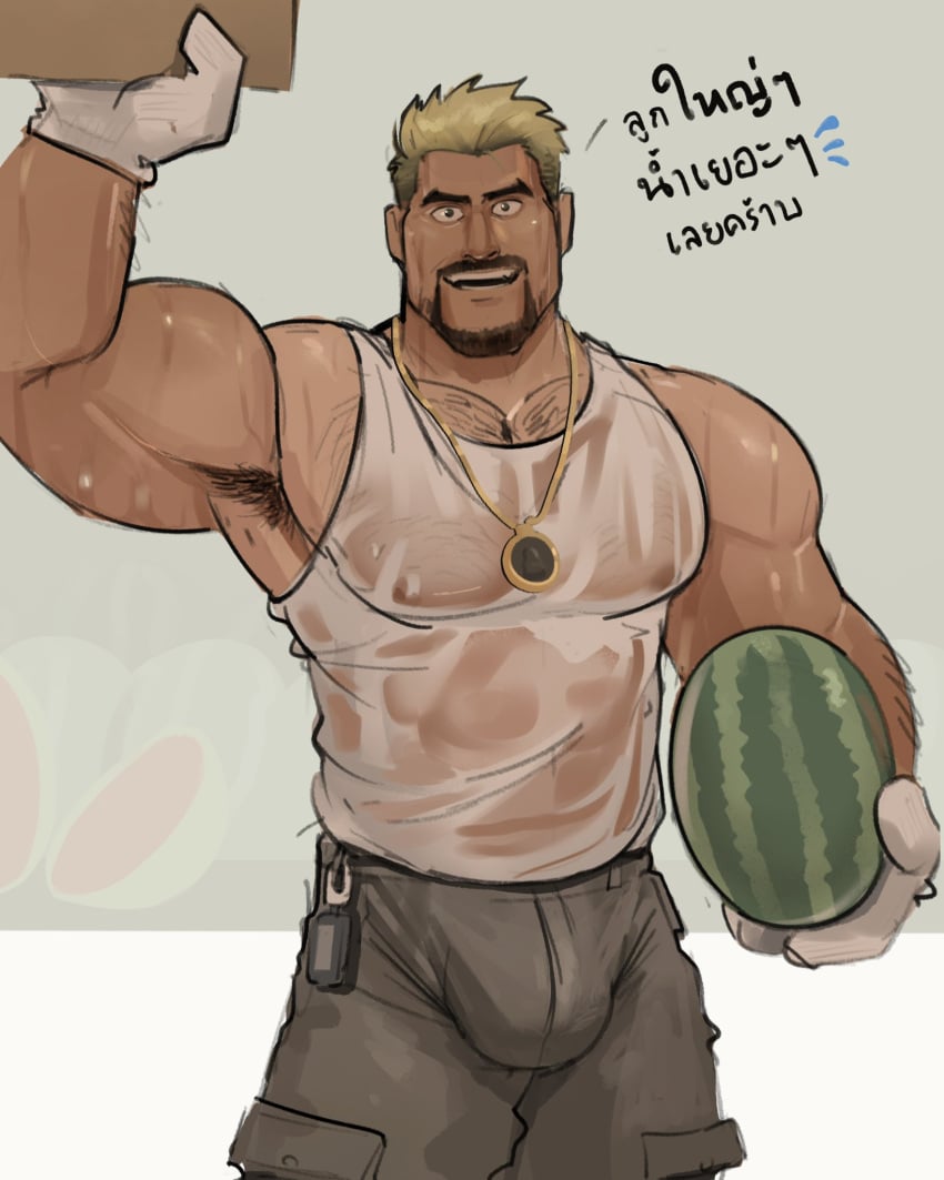 armpit_hair bara bulge clothing facial_hair fully_clothed kenkudog male male_only muscles muscular solo solo_male sweat sweating thai_text watermelon