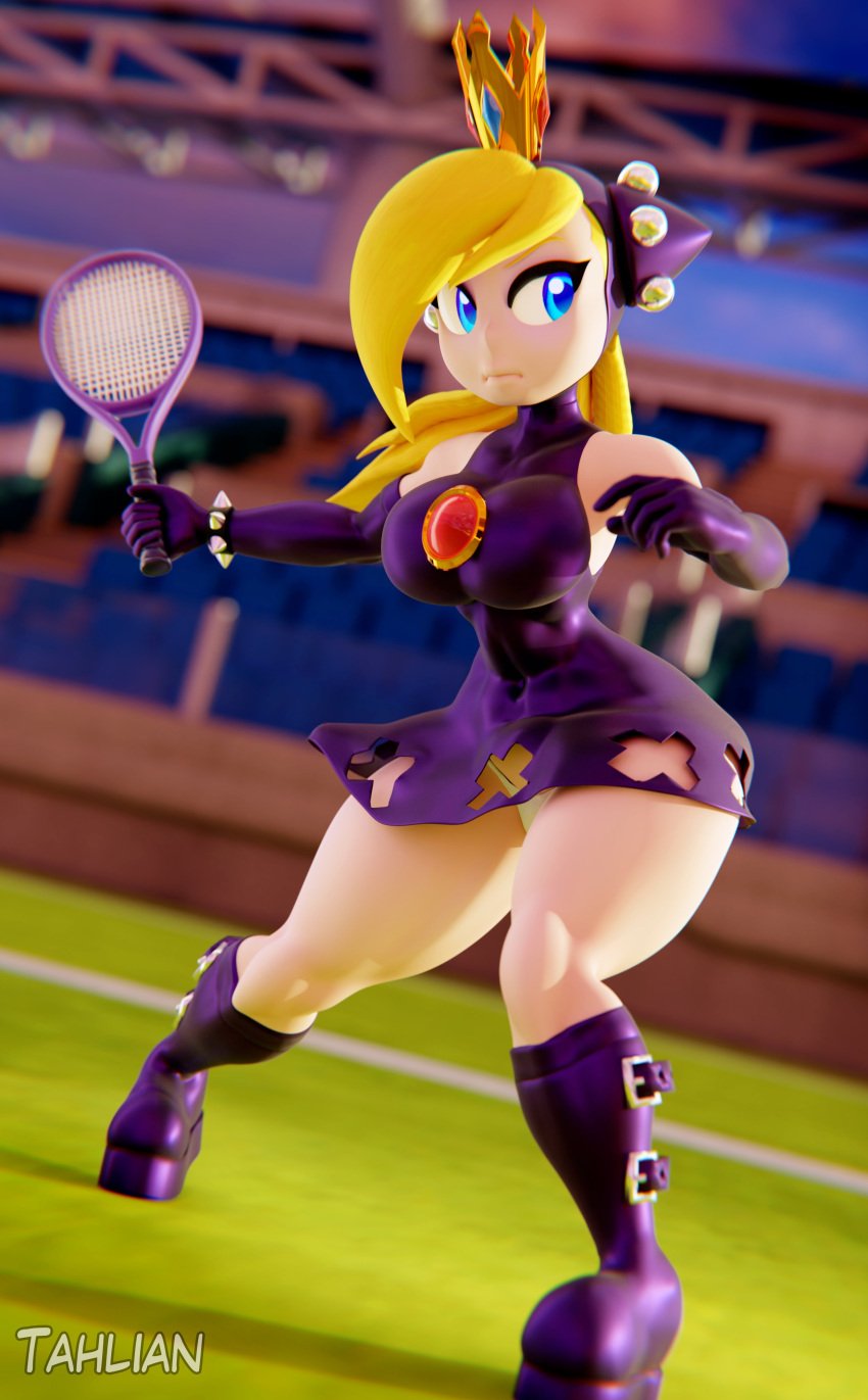 1girl 1girls 2024 3d 3d_(artwork) ass big_ass big_breasts big_butt big_thighs blonde_hair blue_eyes boots breasts crown huge_thighs long_hair looking_at_viewer looking_away mario_(series) mario_tennis nintendo panties panties_peek pantyshot_(sitting) side_ass skirt solo solo_female tahlian tennis_racket thighs wapeach white_panties white_skin yellow_hair