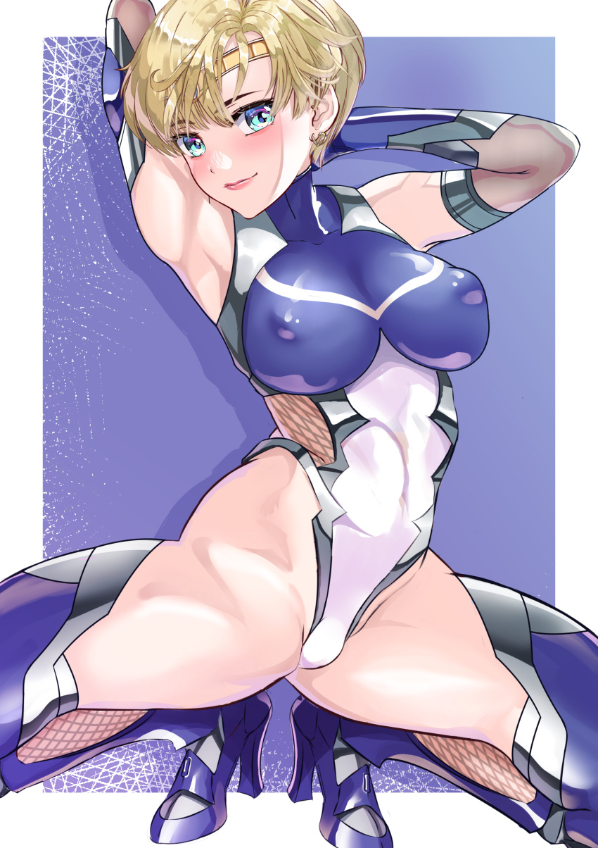 absurdres arion_canvas armpits arms_behind_head bishoujo_senshi_sailor_moon blonde_hair blue_eyes blue_leotard blue_thighhighs bow breasts circlet clothing covered_nipples earrings elbow_gloves female gloves haruka_tenou high_heels highleg highleg_leotard highres jewelry leotard medium_breasts revision sailor_uranus short_hair solo split spread_legs stockings stud_earrings taimanin_(series) taimanin_suit thighhighs