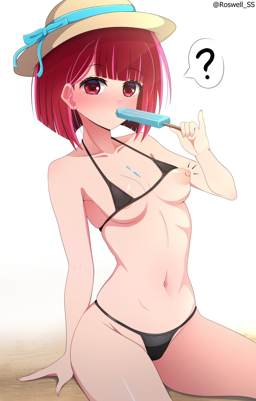 1girls ? accurate_art_style areolae arima_kana armpits bare_arms bare_legs bare_midriff bare_shoulders bare_thighs belly belly_button bikini black_bikini black_bikini_bottom black_bikini_top black_swimsuit black_swimwear blue_ribbon blush blush_lines bob_cut breasts cleavage collarbone dot_nose elbows female female_focus female_only groin hand_on_floor hand_up hat high_resolution highres ice_cream light_skin looking_at_viewer medium_breasts navel nipples nude official_style oshi_no_ko red_eyes red_hair ribbon roswell-ss short_hair sideboob simple_background sitting slender_body slender_waist slim_girl slim_waist solo swimsuit swimwear teenager thick_thighs thighs thin_waist uncensored uncensored_breasts upper_body v-line white_background