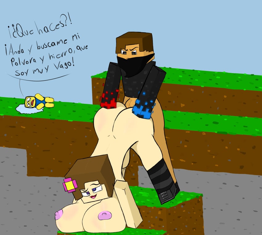 1boy 1girls anal anal_sex ass background_character big_breasts blocky_body breasts doggy_style female functionally_nude_male jenny_belle_(slipperyt) male minecraft noob nude_female roblox self_insert spanish_text straight tagme translation_request