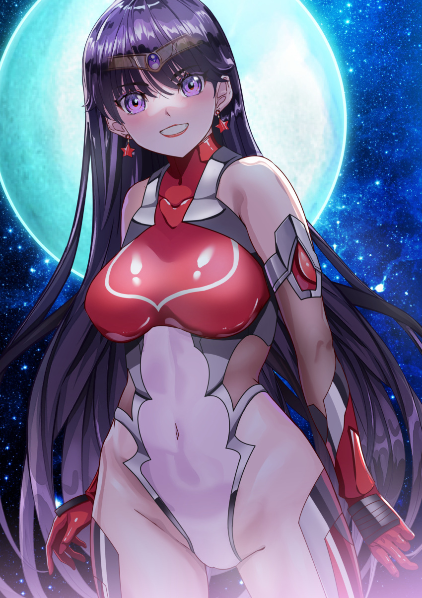 absurdres arion_canvas bishoujo_senshi_sailor_moon black_hair breasts circlet clothing covered_navel crotch earrings elbow_gloves female full_moon gem gloves highleg highleg_leotard highres impossible_clothes impossible_leotard jewelry large_breasts leotard lips long_hair looking_at_viewer moon navel night night_sky outdoors purple_eyes purple_gemstone rei_hino sailor_mars skin_tight sky small_breasts smile solo star_(sky) star_(symbol) star_earrings starry_sky taimanin_(series) taimanin_suit