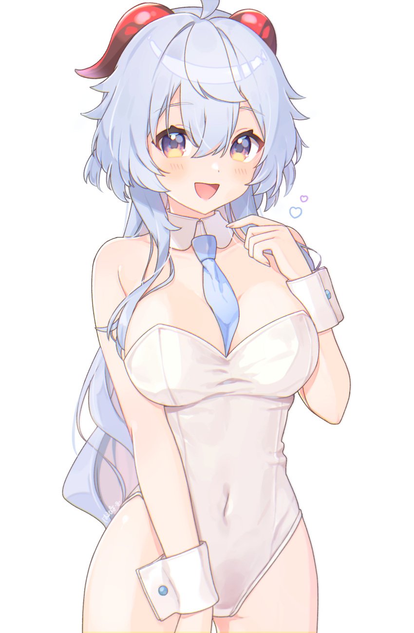 absurdres ahoge bad_id bad_pixiv_id bare_shoulders between_breasts blue_hair blue_necktie blush breasts choker covered_navel cowboy_shot female ganyu_(genshin_impact) genshin_impact harupipipi4 heart highres horns large_breasts leotard long_hair looking_at_viewer necktie open_mouth playboy_bunny purple_eyes sidelocks smile solo solo_female standing thigh_gap thighs white_background white_choker white_leotard wrist_cuffs