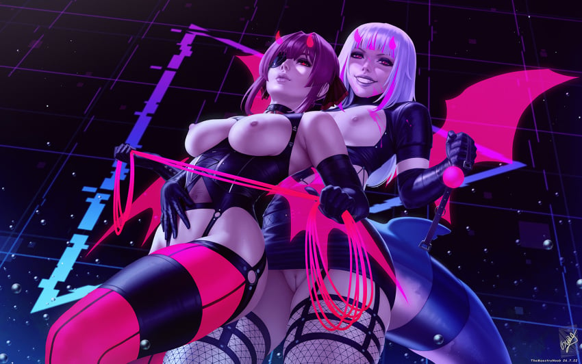 2girls alternate_costume ball_gag bare_shoulders black_background black_gloves black_panties black_thighhighs blood breasts cameltoe elbow_gloves feet_out_of_frame fins fish_tail gag gawr_gura gloves grey_hair grin holding holding_gag holding_whip hololive hololive_english hololive_fantasy hololive_japan hololive_myth horns houshou_marine large_breasts long_hair looking_at_viewer medium_breasts multicolored_hair multiple_girls nipples panties pink_blood pussy red_hair red_horns reflect_(gawr_gura) shark_girl shark_tail shiny_skin smile streaked_hair tail teeth themaestronoob thighhighs two-tone_hair uncensored underwear unworn_gag virtual_youtuber wings