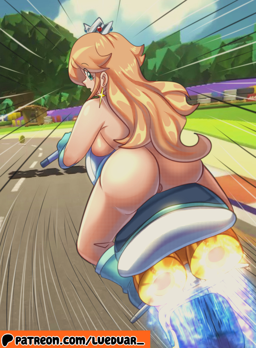 1girls ass ass_focus casual exposed_torso female footwear handwear human lueduartv mario_(series) mario_circuit_(super_curcuit) mario_kart mario_kart_8 motorcycle nude pale_skin princess_rosalina solo