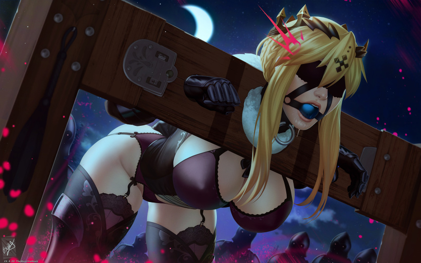 6+boys armored_boots artoria_pendragon_(fate) artoria_pendragon_(lancer)_(fate) ball_gag bent_over black_blindfold blindfold blonde_hair bondage boots bra braid breasts corset covered_eyes covered_nipples cross crown drooling english_commentary fate/grand_order fate_(series) female french_braid fur_collar gag gag_harness gagged gauntlets hair_between_eyes hair_bun hanging_breasts highres lace-trimmed_bra lace-trimmed_legwear lace_trim large_breasts lingerie lips multiple_boys night nose o-ring one_eye_covered outdoors pale_skin panties pillory purple_bra purple_eyes purple_garter_belt purple_panties restrained saliva short_hair_with_long_locks single_hair_bun skindentation stationary_restraints themaestronoob thigh_boots thighhighs thighhighs_under_boots underwear