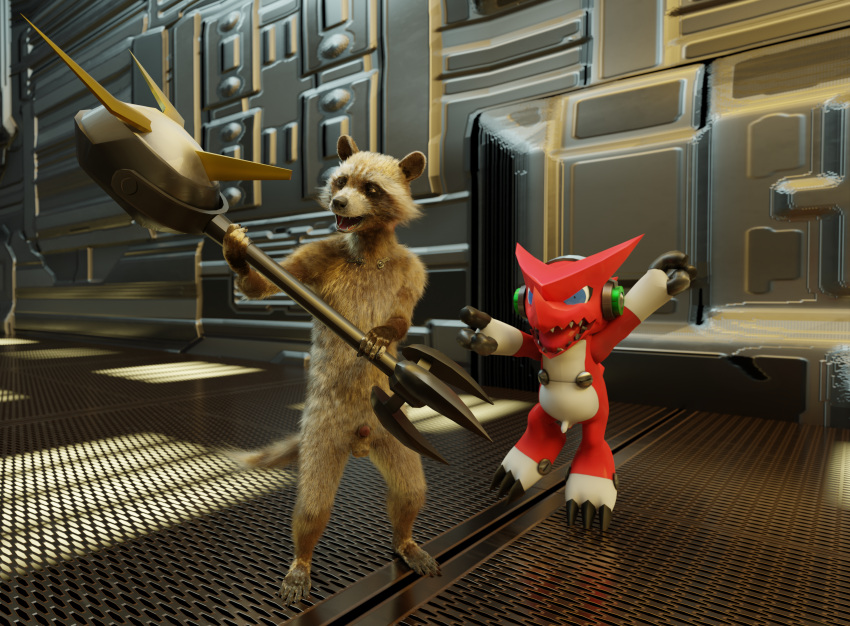 3d_(artwork) absurd_res angry anthro bandai_namco digimon digimon_(species) digital_media_(artwork) duo flaccid foreskin genitals guardians_of_the_galaxy hi_res holding_object male mammal marvel melee_weapon penis procyonid raccoon rocket_raccoon science_fiction shoutmon tribaldragon unretracted_foreskin weapon